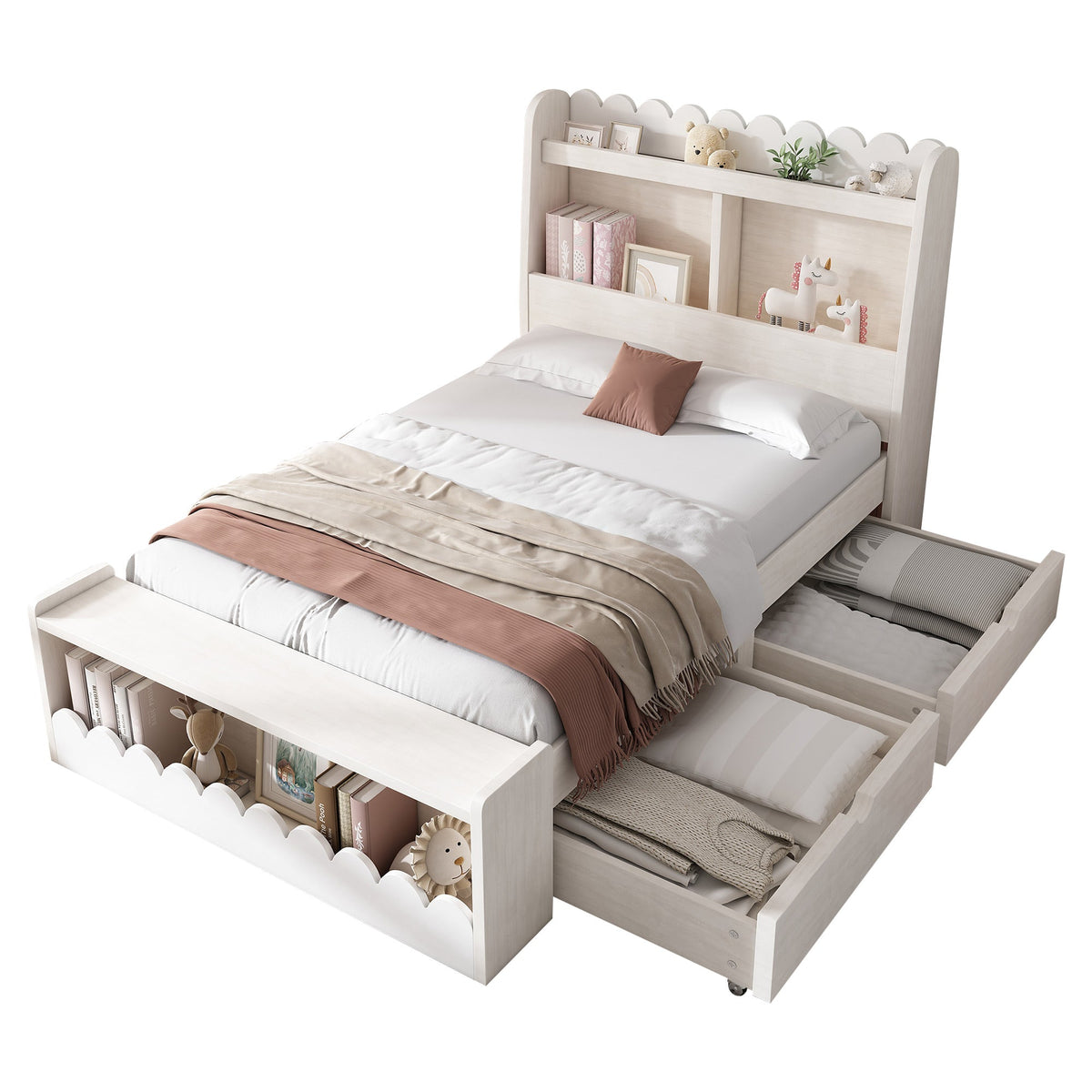 Children's Bed Storage with Drawers Shelf Bench 90x190cm Wood White Oak Finish