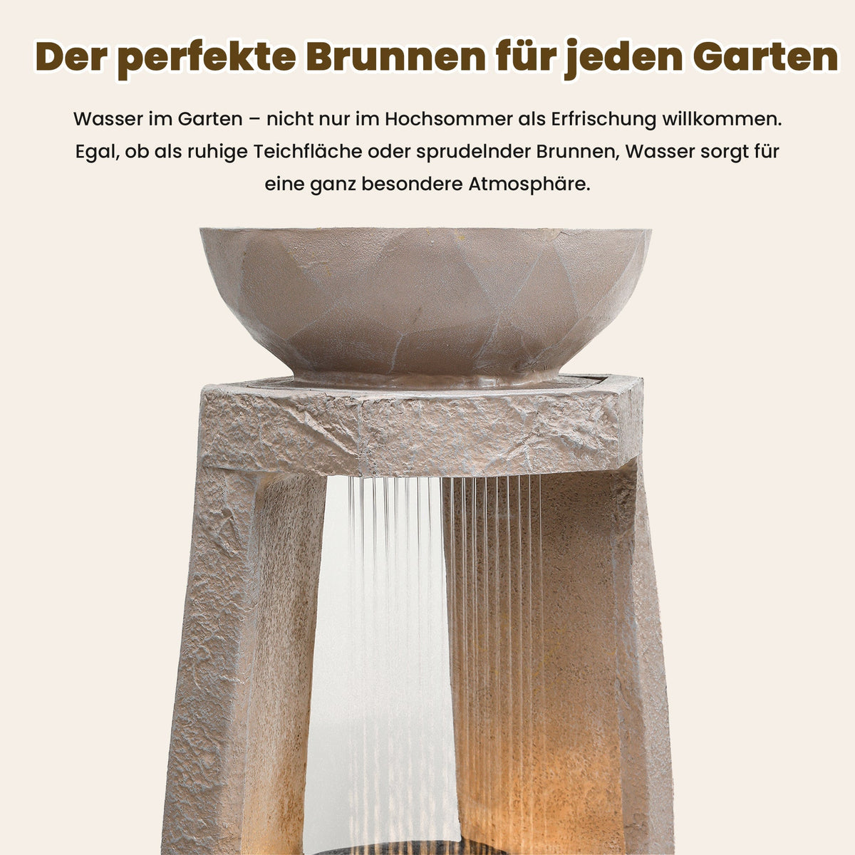 Garden Fountain with LED Lighting, Water Pump and Decorative Basin, Artificial Stone Beige