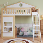 Bunk House Bed with Stairs & Roof 90x200cm, White & Natural