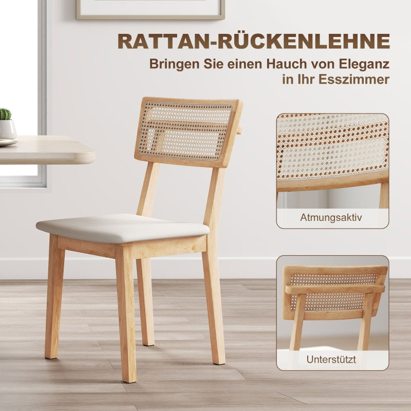 Dining Chair, Rattan Backrest, Faux Leather Seat, Rubber Wood, Natural Wood