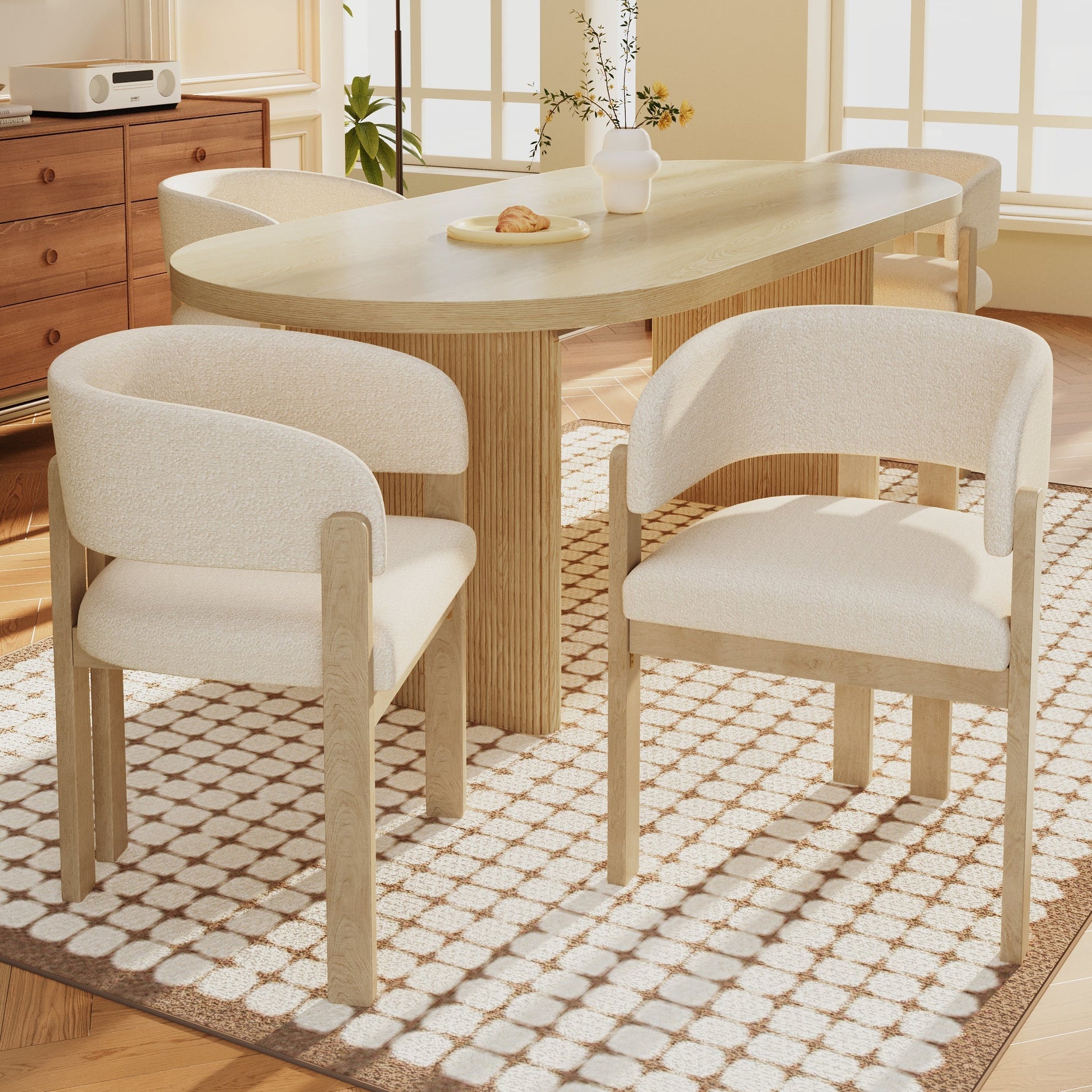2 Solid Wood Dining Chairs Comfortable Bouclé Natural Color