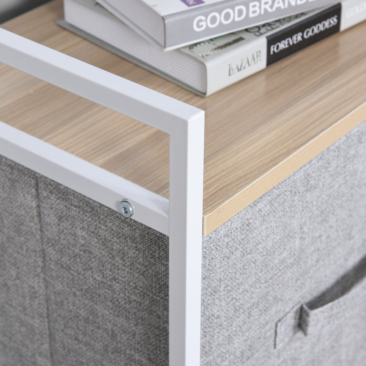Chest of Drawers, 5 Fabric Drawers, Grey Fabric Wood Metal Frame