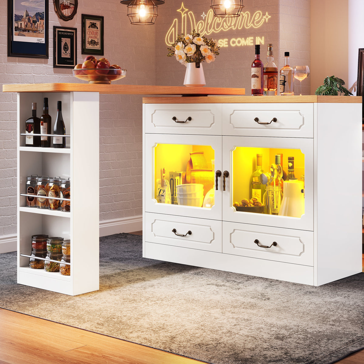 Bar Table Kitchen Island Extendable 360° Rotatable LED Storage White
