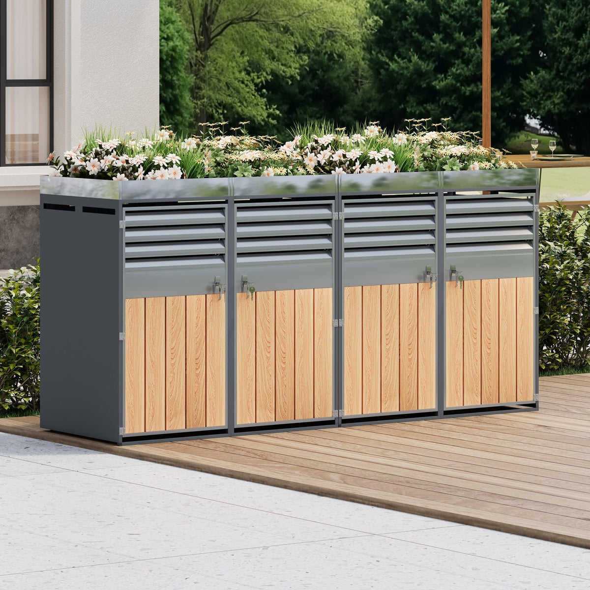 Garbage Can Enclosure with Ventilated Louvers, Lockable Four Doors and Planting Area, Galvanized Steel