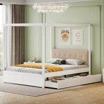 Canopy Bed, 140x200cm Large Drawers Soft Headboard, Wooden White