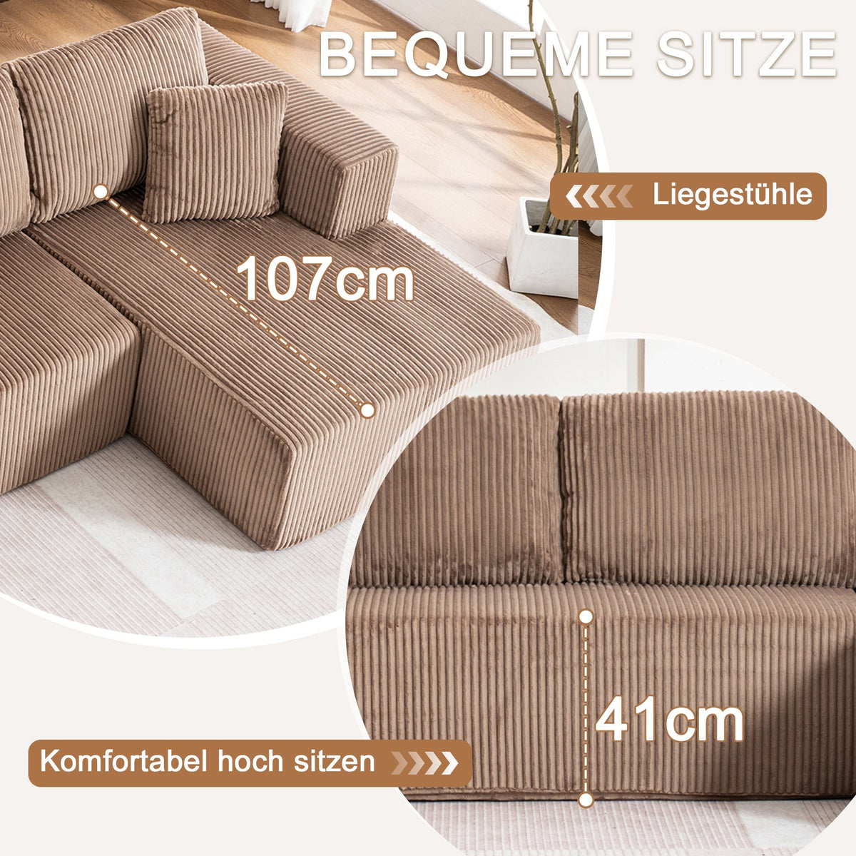 Modern U-Type Leisure Sofa with Modular Non-Assemble Design and Lounge Chairs, Lamp Fabric