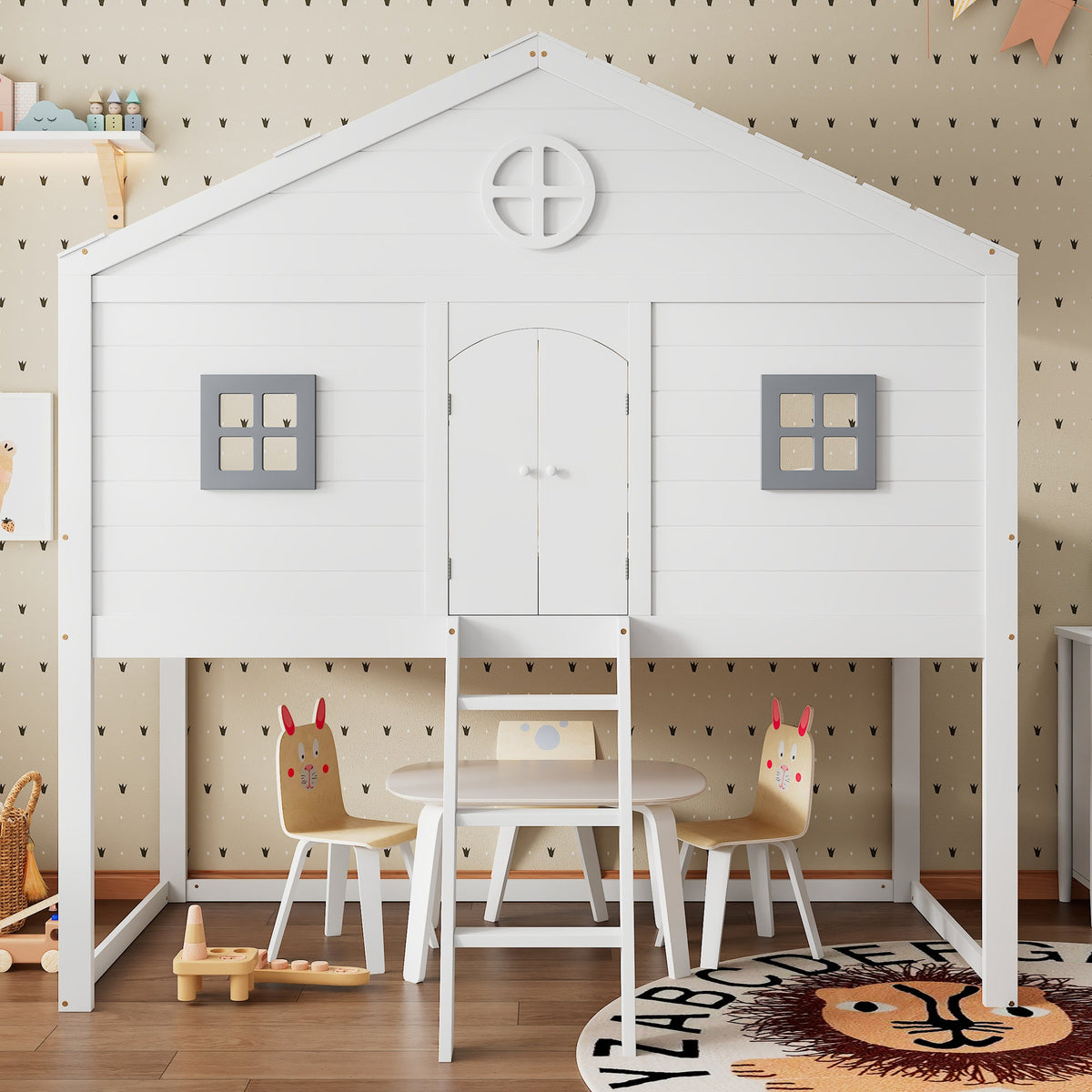 House Bed, Stairs, Safety Rail & Gate, Pine & MDF, White & Grey