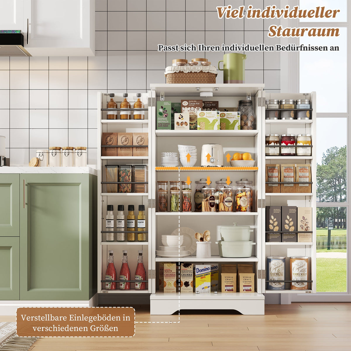 Kitchen Cabinet with LED Sensor Light and Adjustable Shelves, White