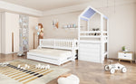 Kids House Bed with Pull-Out Bed, Drawers & Stairs, White