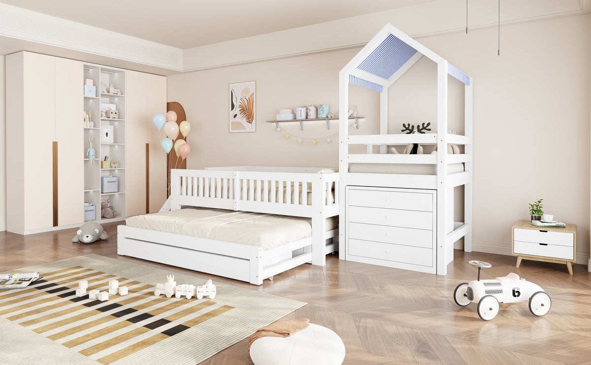 Kids House Bed with Pull-Out Bed, Drawers & Stairs, White