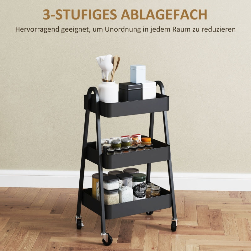 Serving Cart with 3 Levels, Wheels & Brake, Black
