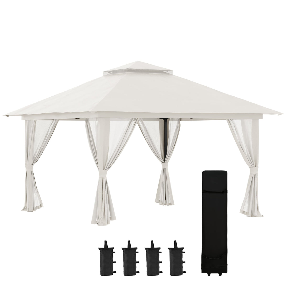 Folding Pavilion 4x4m Mesh Curtains UV Protection Double Roof, Cream White