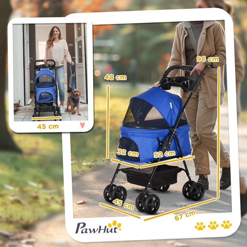 PawHut dog stroller with folding function, pet stroller for small dogs and cats, oxford blue