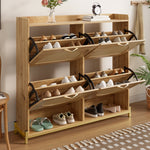 Elegant Shoe Cabinet 4 Doors Metal Frame Top Shelf Wooden Rattan