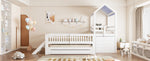 Kids House Bed with Pull-Out Bed, Drawers & Stairs, White