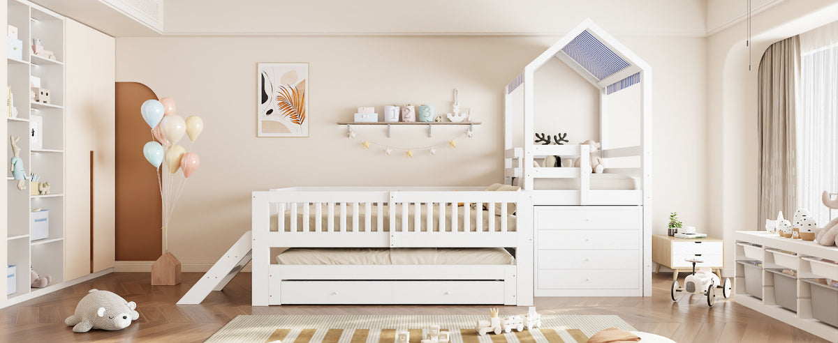 Kids House Bed with Pull-Out Bed, Drawers & Stairs, White