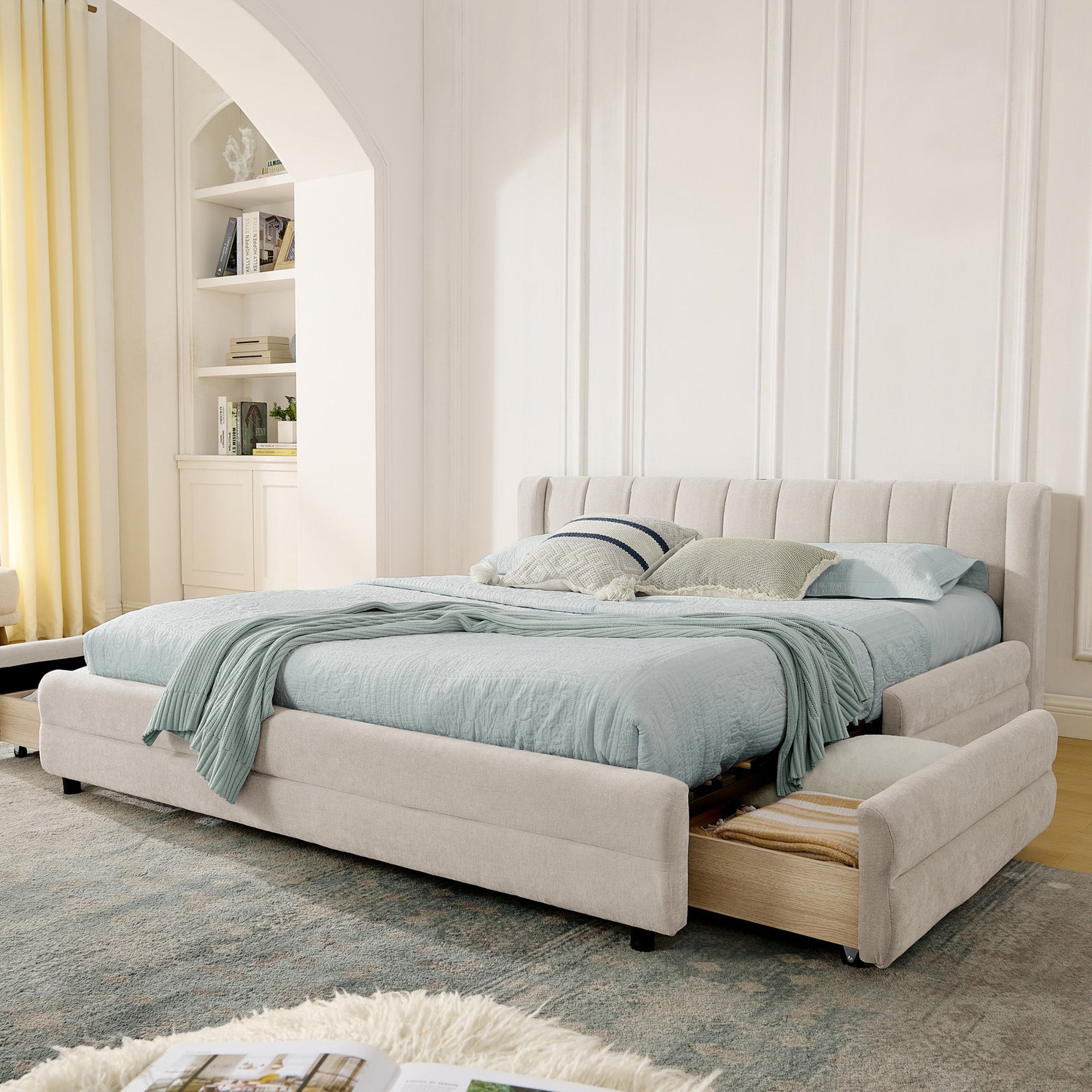Double Bed 140x200cm Storage USB Port Chenille Beige