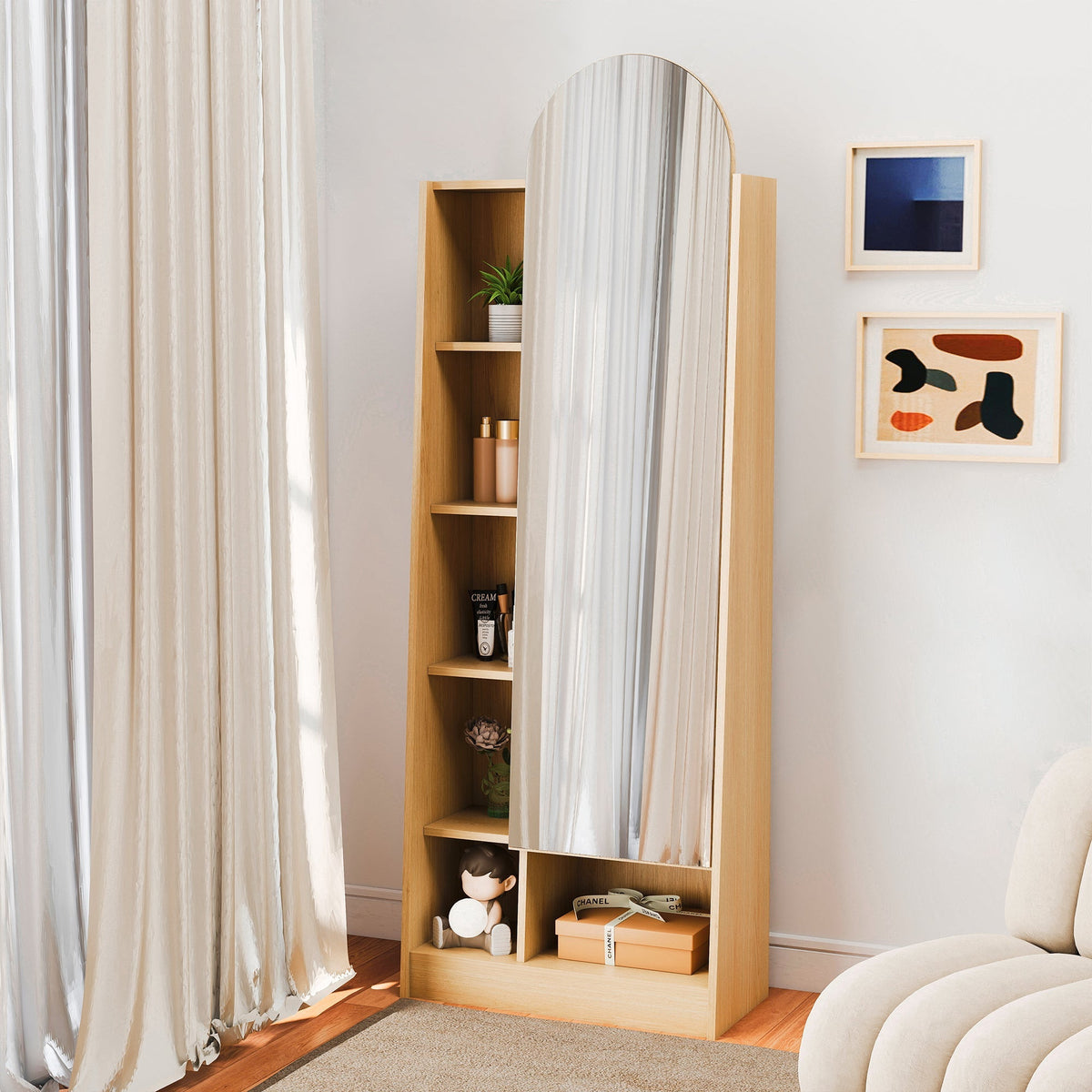 Tall Storage Cabinet Mirrored Door Adjustable Shelves 165x60x28cm - Natural Wood Look