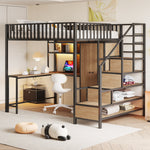 Metal Loft Bed 140x200cm Desk Wardrobe Drawers Storage Ladder LED Charging Black