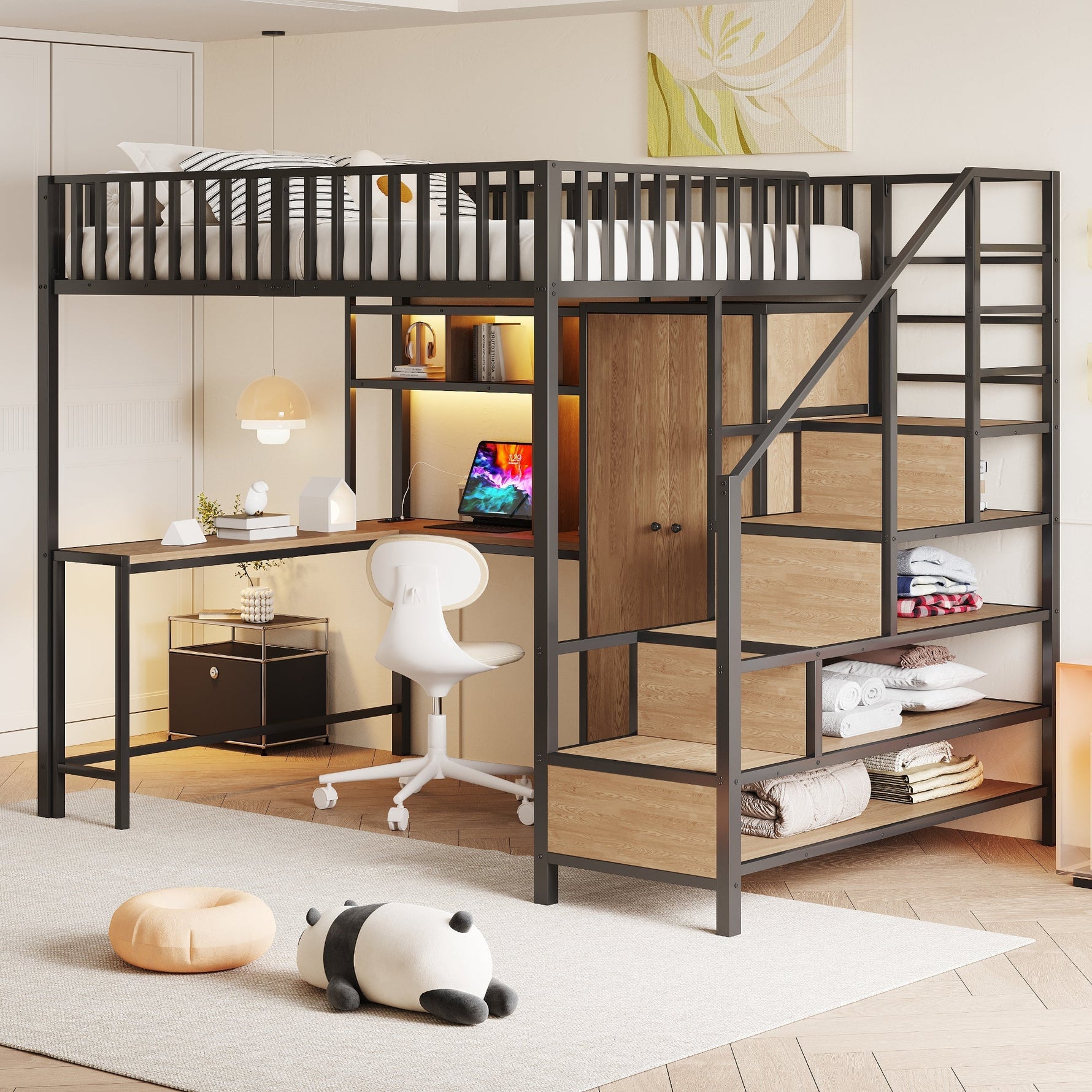 Metal Loft Bed 140x200cm Desk Wardrobe Drawers Storage Ladder LED Charging Black