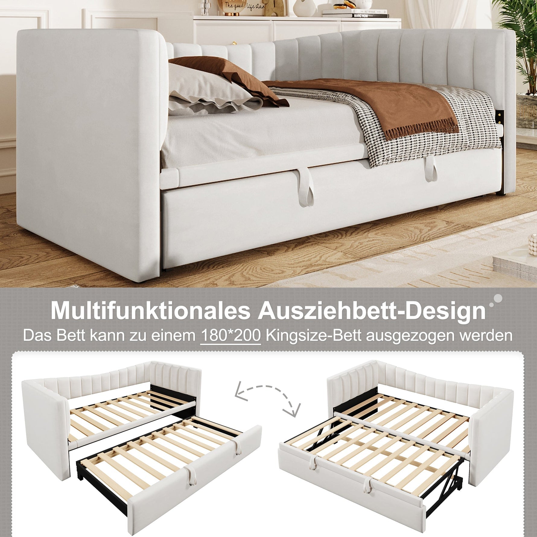 Upholstered Daybed Pull-Out Bed 90x200cm Extendable to 180x200cm Velvet White