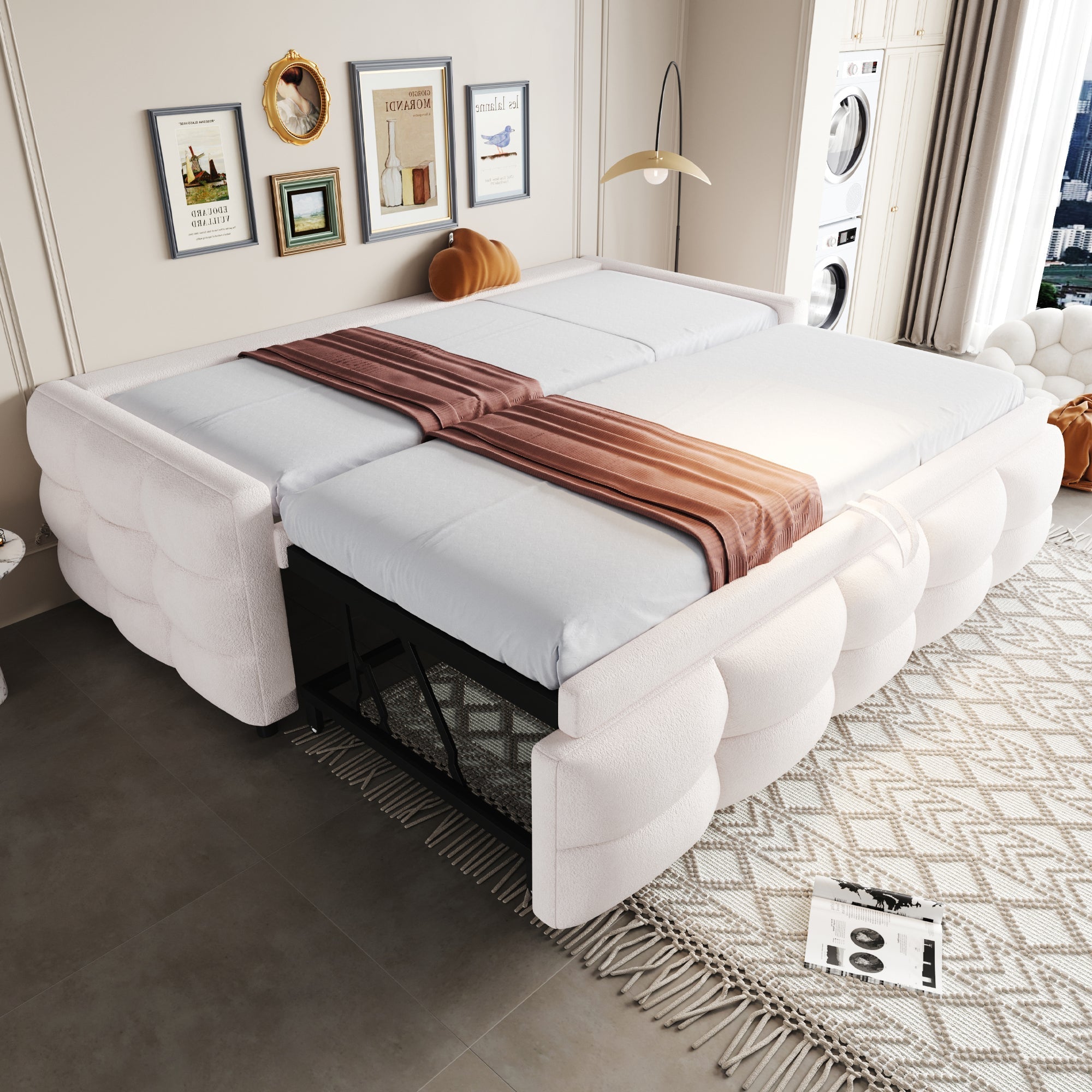 Extendable Upholstered Sofa Bed with Slatted Frame and 90/180x190cm Mattress Support, Beige Teddy Velvet