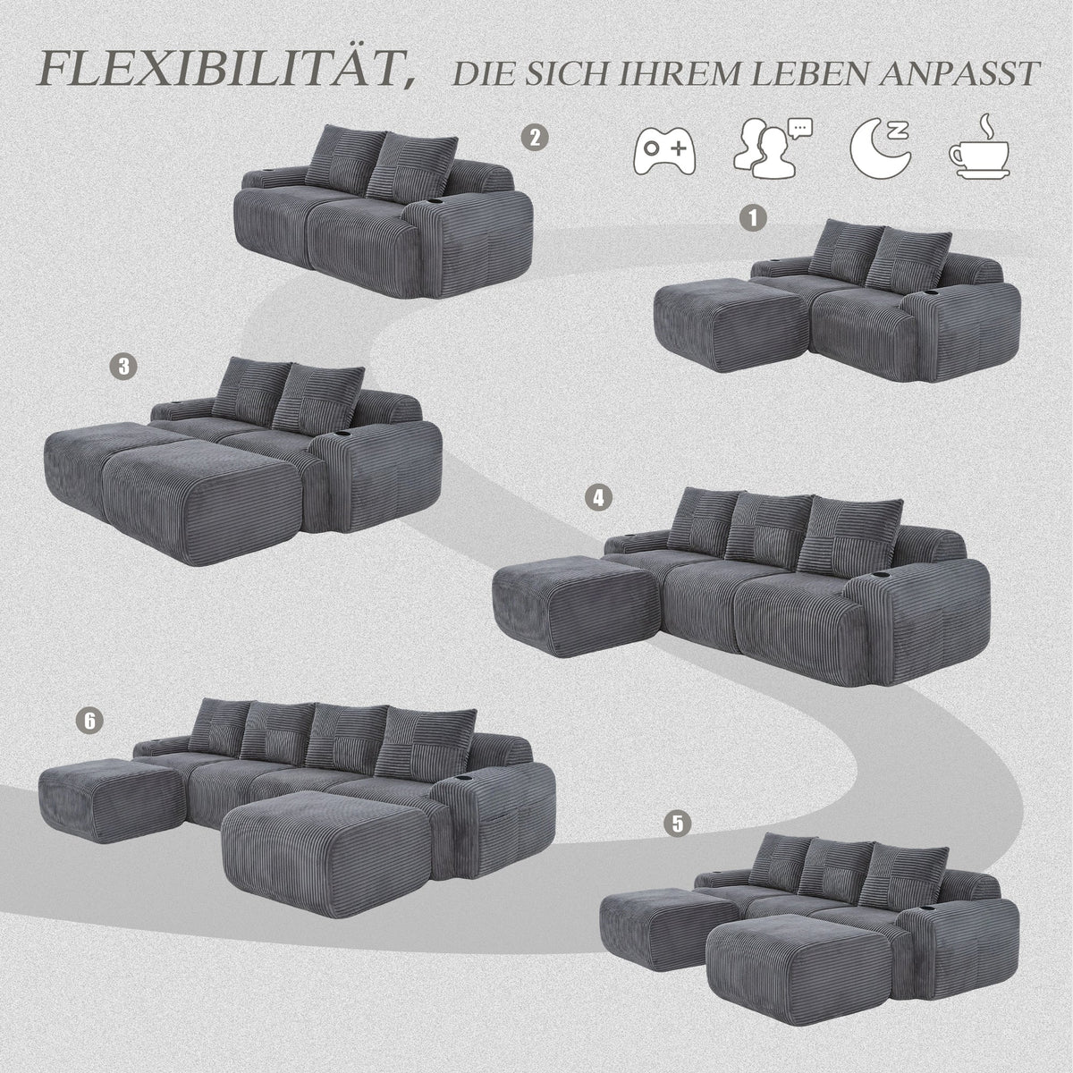 Modular 4-Seater Sofa with 2 Ottomans, Cup Holders and Storage Pocket, Dark Grey Corduroy