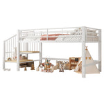 Semi-High Loft Bed 90 x 200 cm with Storage Stairs, White