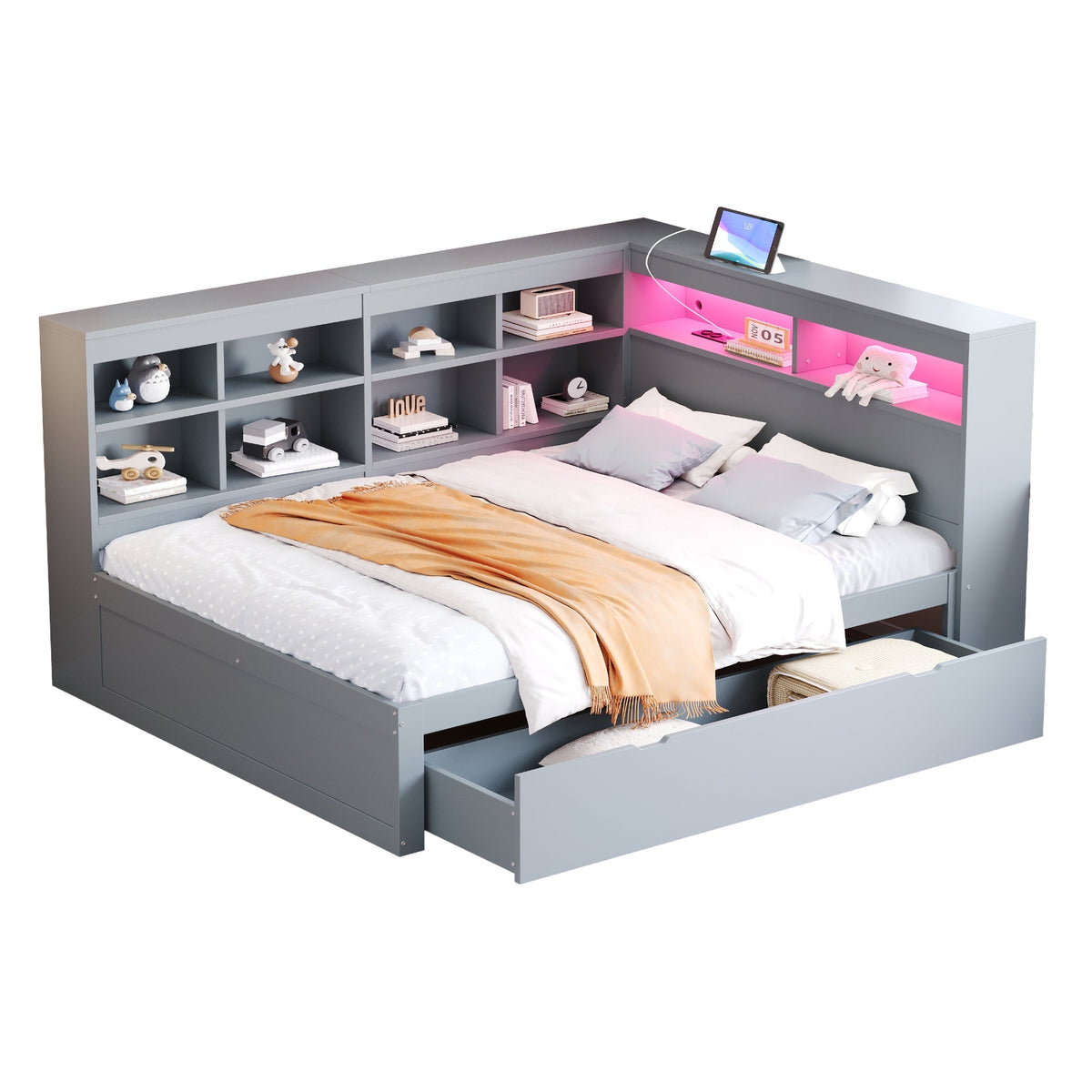 Solid Wood Sofa 140x200cm, Extra Large Drawers, USB, LED, Grey