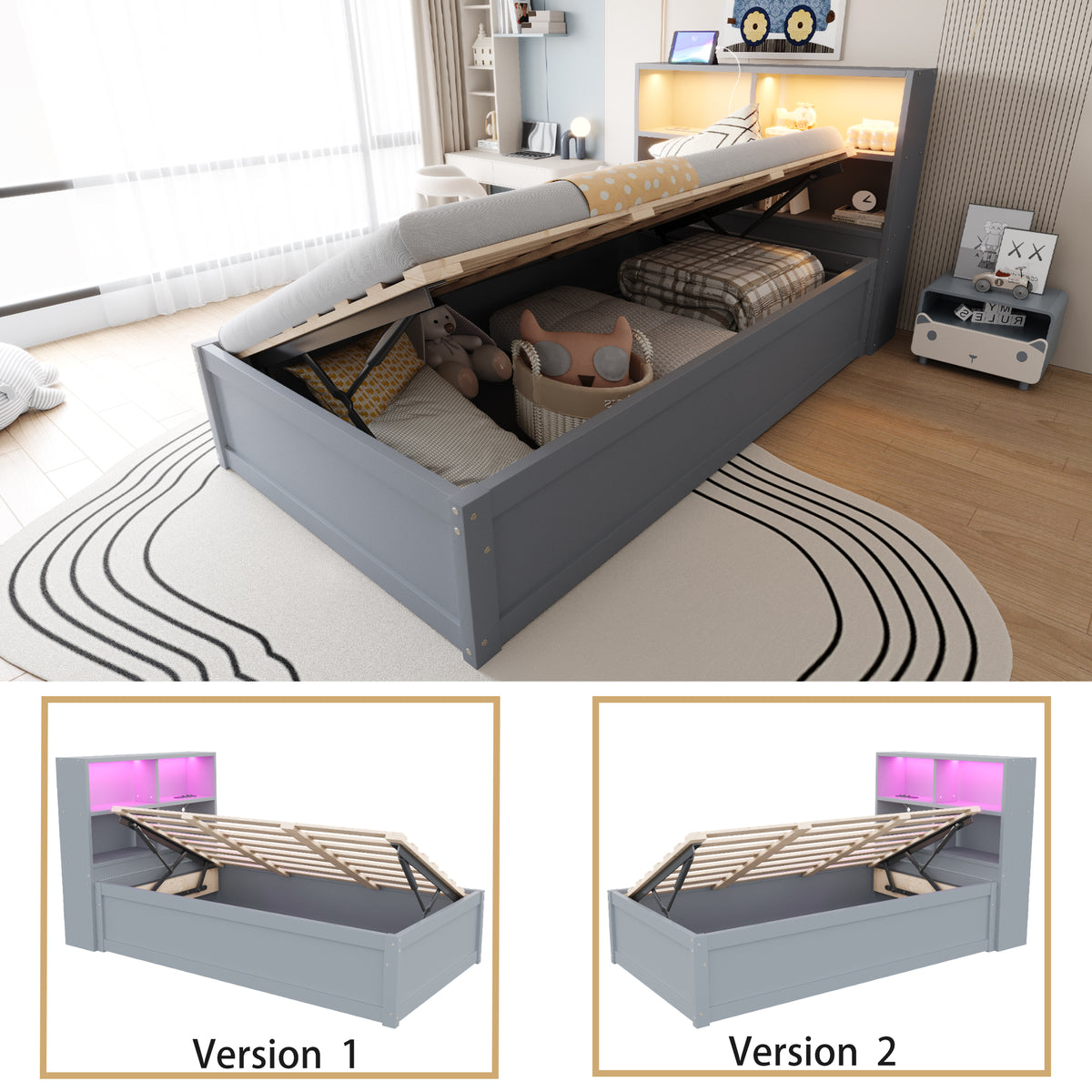 Multifunctional Hydraulic Sofa Bed 90x200 with Storage & LED, Grey
