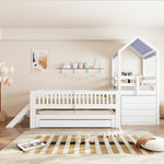 Kids House Bed with Pull-Out Bed, Drawers & Stairs, White