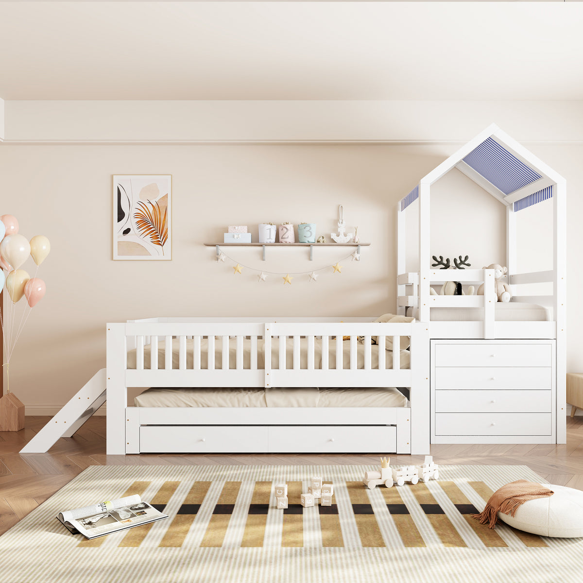 Kids House Bed with Pull-Out Bed, Drawers & Stairs, White