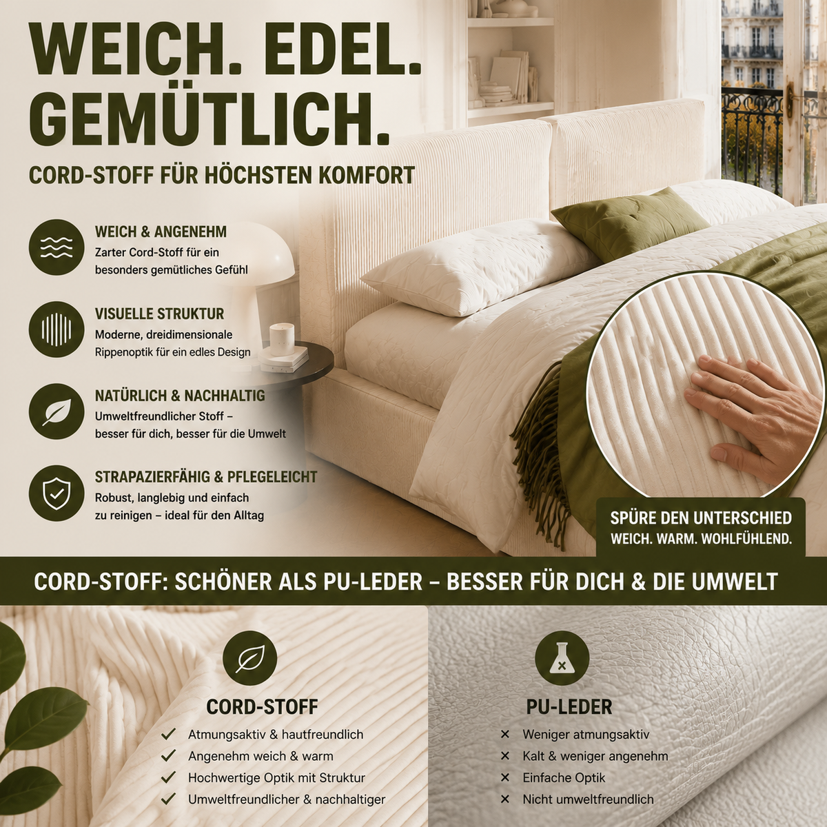 Upholstered Double Bed 180x200cm, Hydraulic Frame, Beige Corduroy