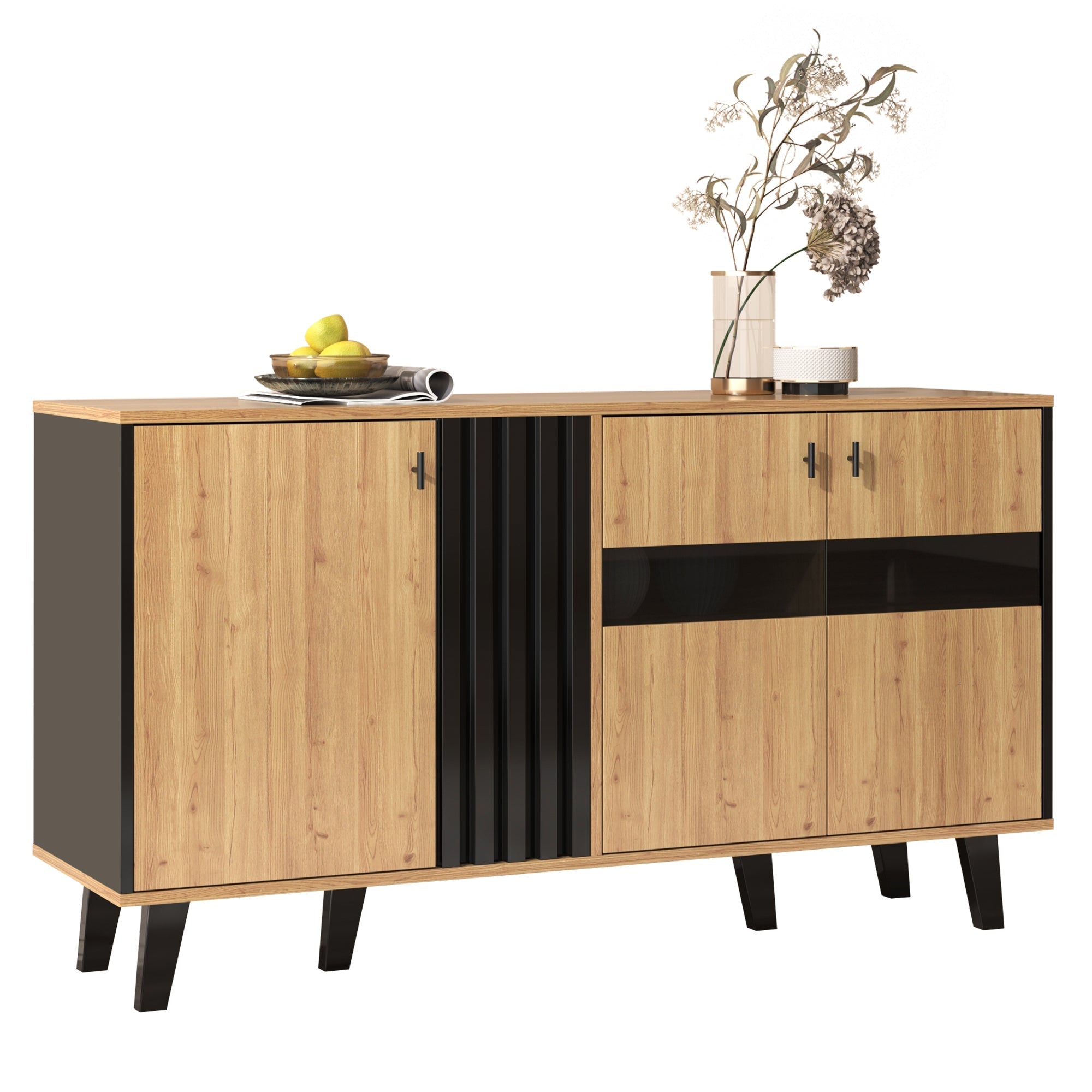 Sideboard, 140x78.5x41 cm, LED Lighting & Glass, Wood and Black