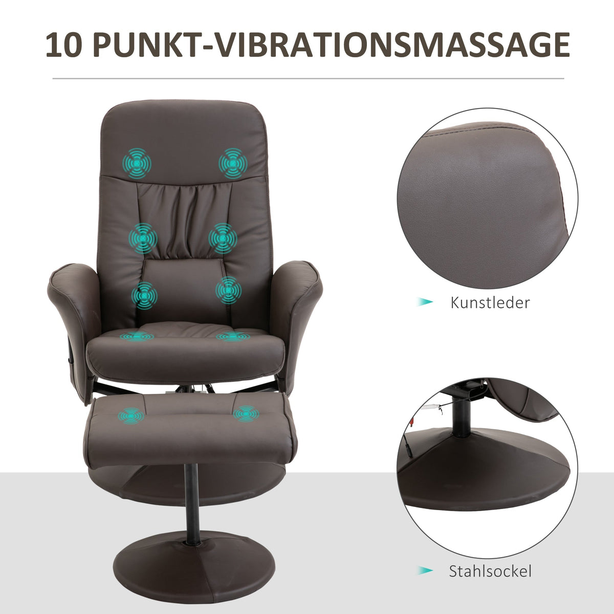 TV Armchair 2-piece Reclining 360° Swivel 10 Massage Points, Faux Leather Brown
