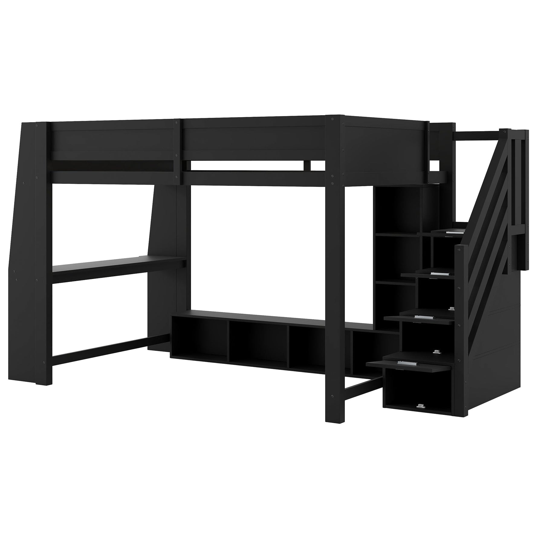 Loft Bed with Desk, Storage Stairs and LED Lighting, 140x200cm, Black Wood