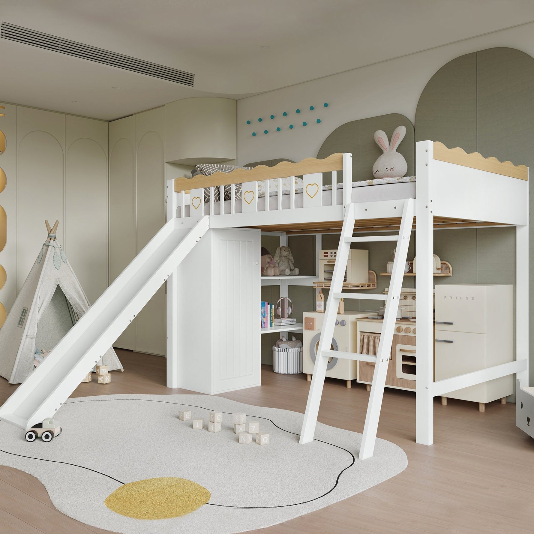 Loft Bed with Slide & Storage, Pine + MDF + Plywood, White + Natural