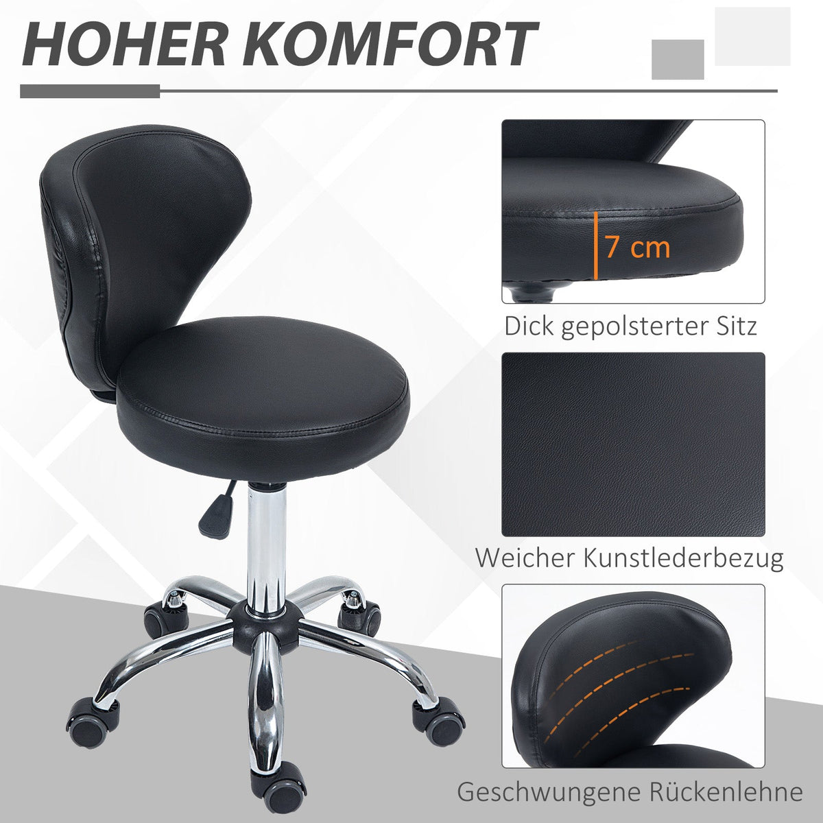 Rolling Stool Massage Stool, 360° Swivel Ergonomic Backrest, Black Faux Leather