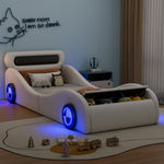 Car Shaped Upholstered Bed with Light-up Wheels and Storage, White PU
