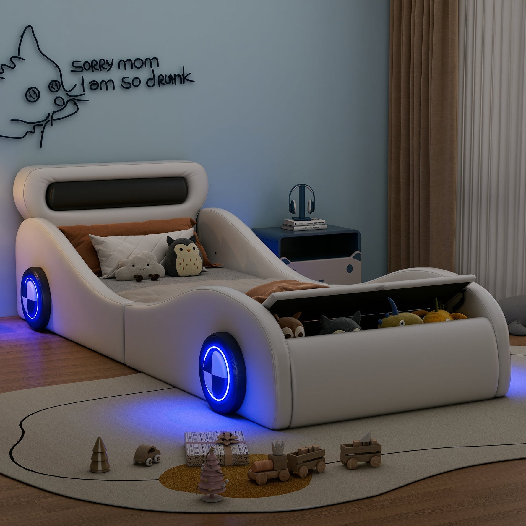 Car Shaped Upholstered Bed with Light-up Wheels and Storage, White PU