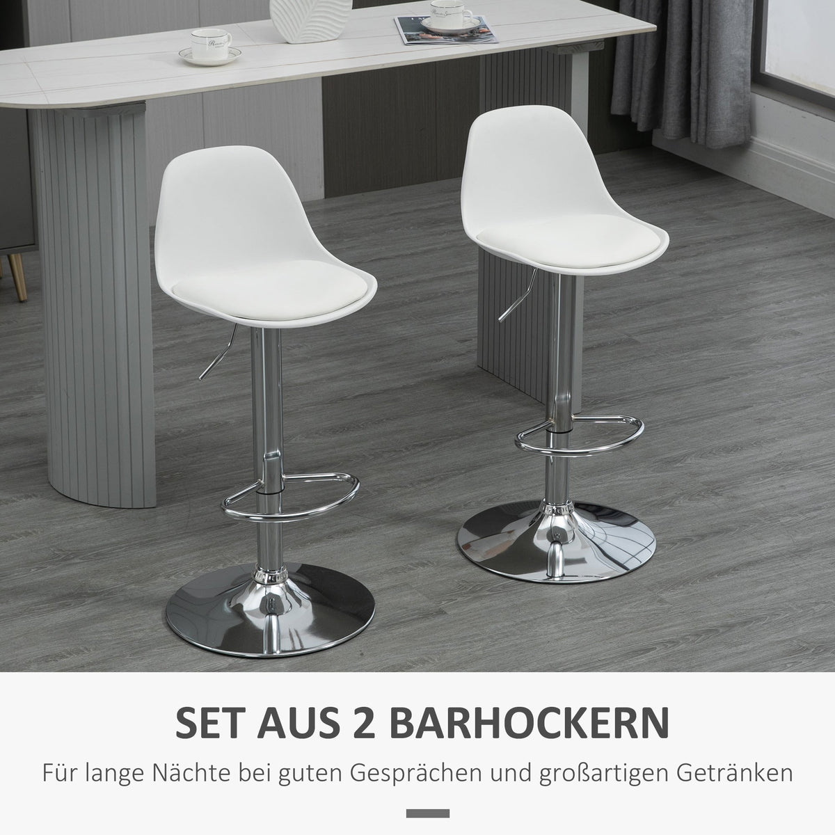 Bar Stools, Set of 2, Swivel, Height-Adjustable, White Faux Leather and Steel