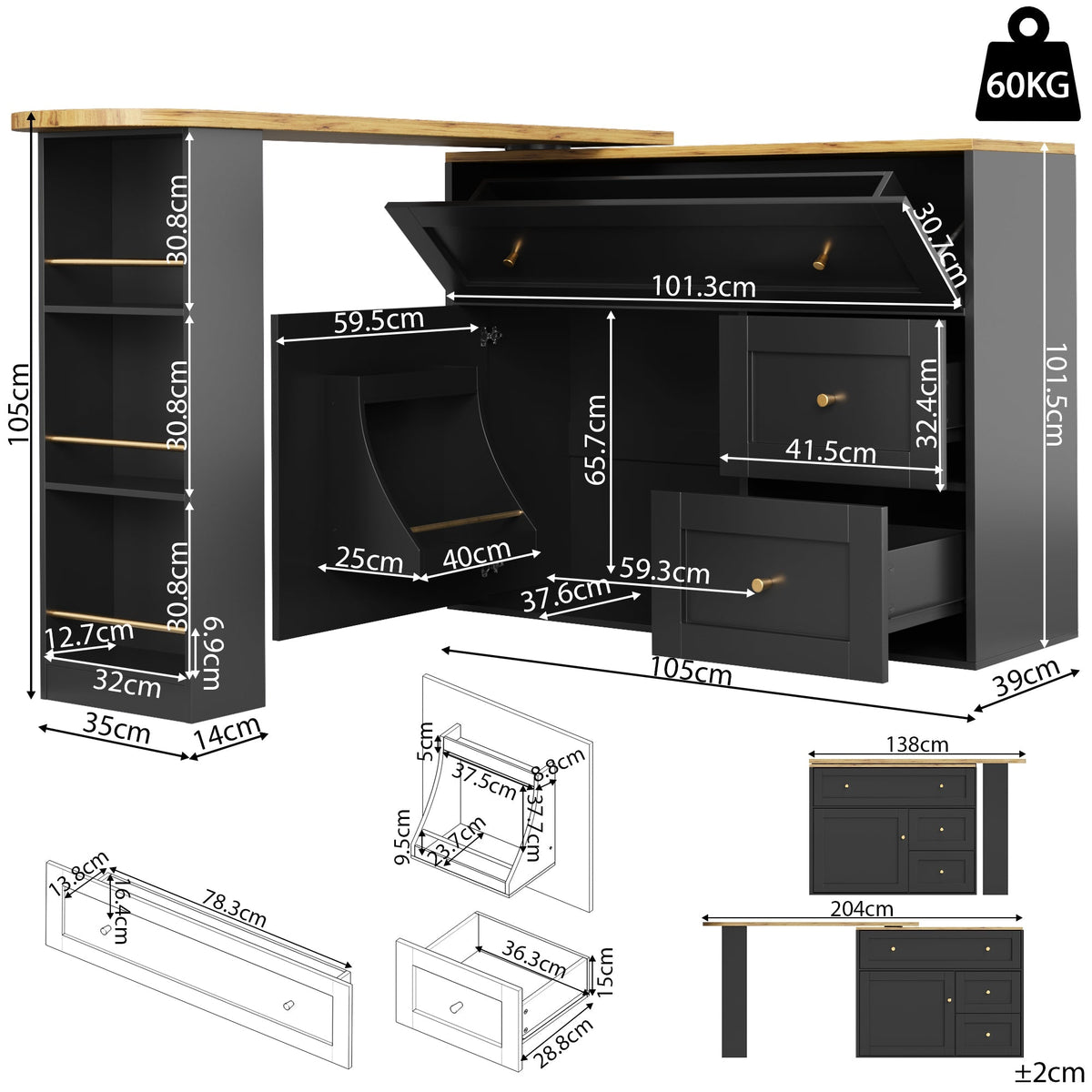Extendable Bar Table with Storage and Snack Shelf, Black