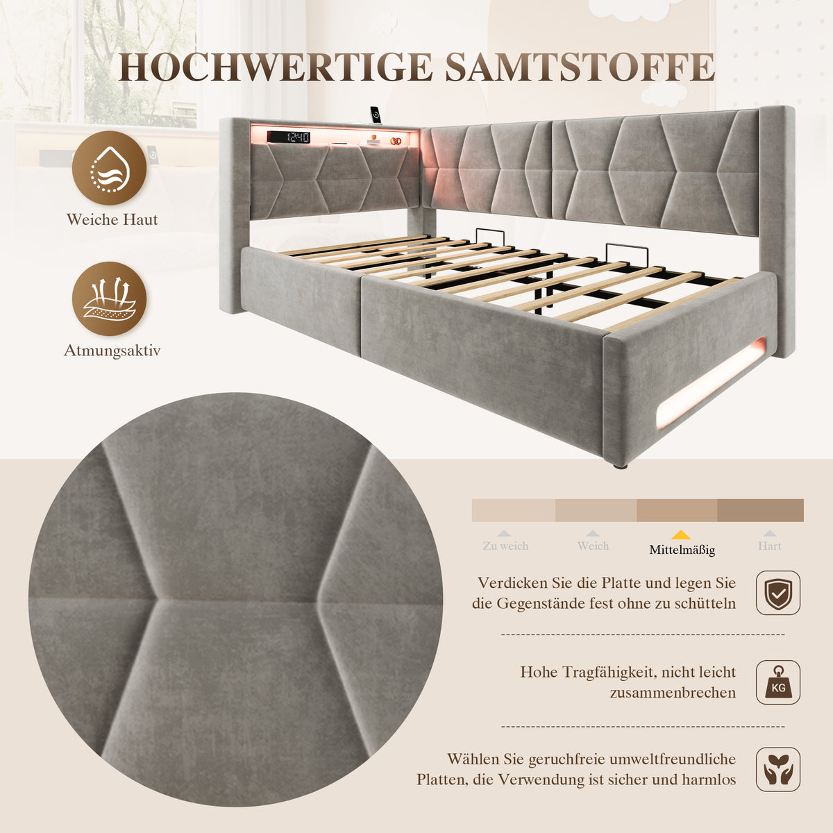 Upholstered Bed 90x200 cm with Storage & LED, Grey Velvet