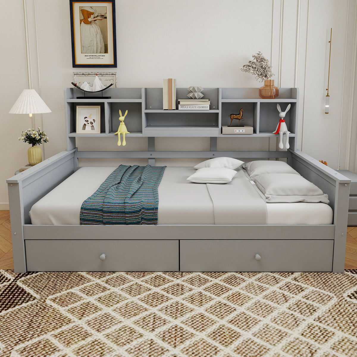 Sofa Bed 90x200 with Drawers & Shelves, Solid Wood Grey
