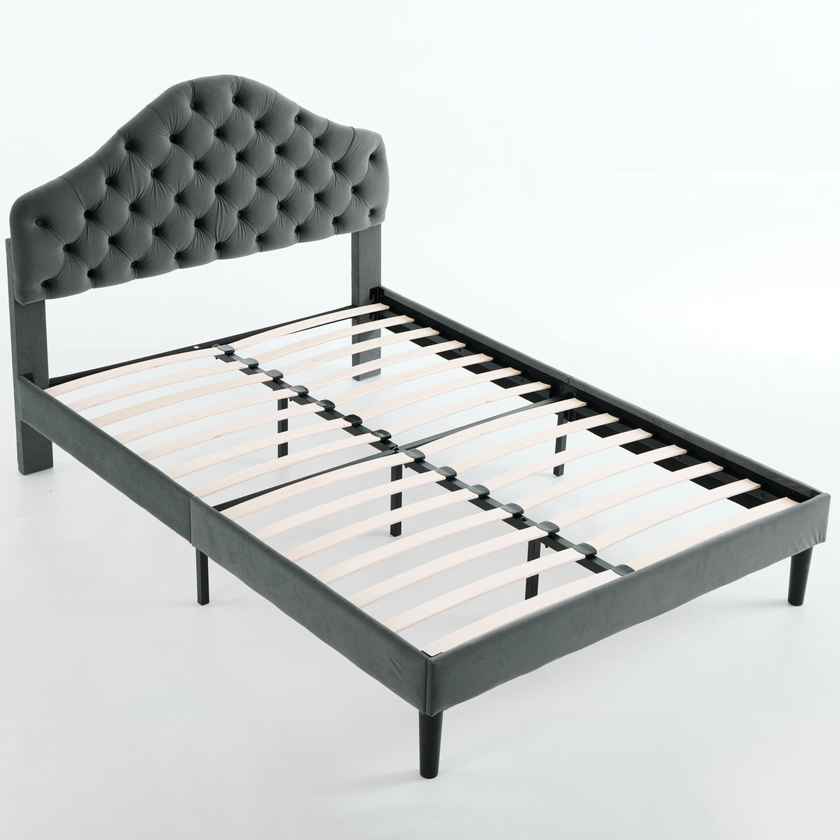 Full Upholstered Platform Bed Frame, 140x200cm, Velvet Gray