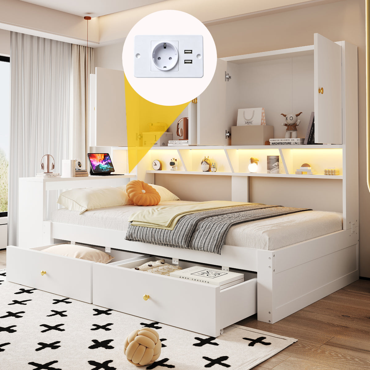 Multifunctional Bed 90x200cm with Desk, LED & Storage - White