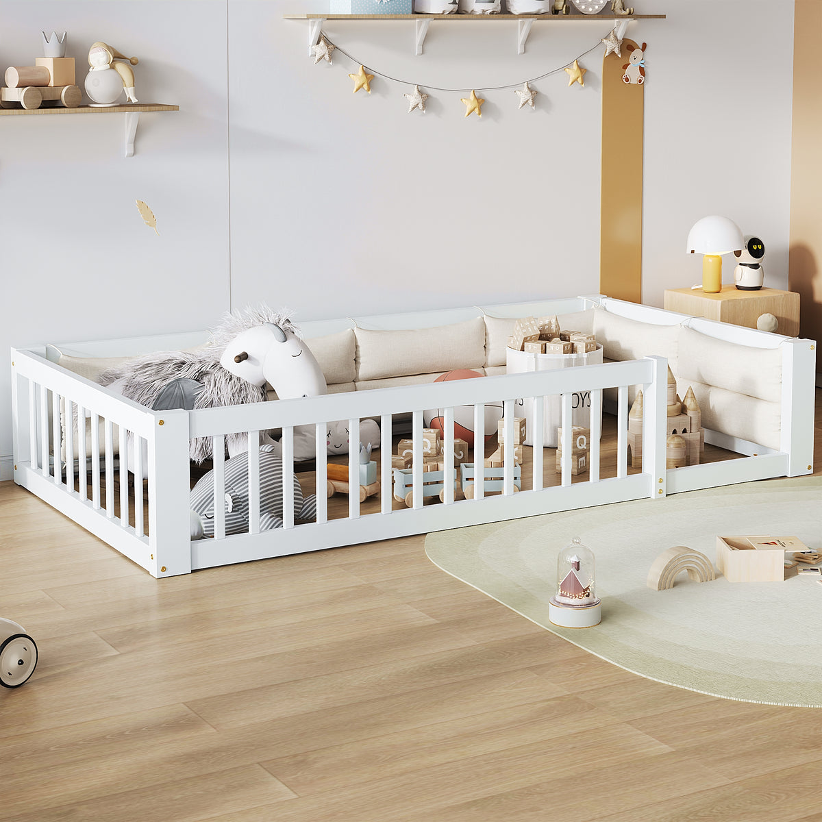 Platform Bed with Side Rails & Pillows, 90x200 cm, White