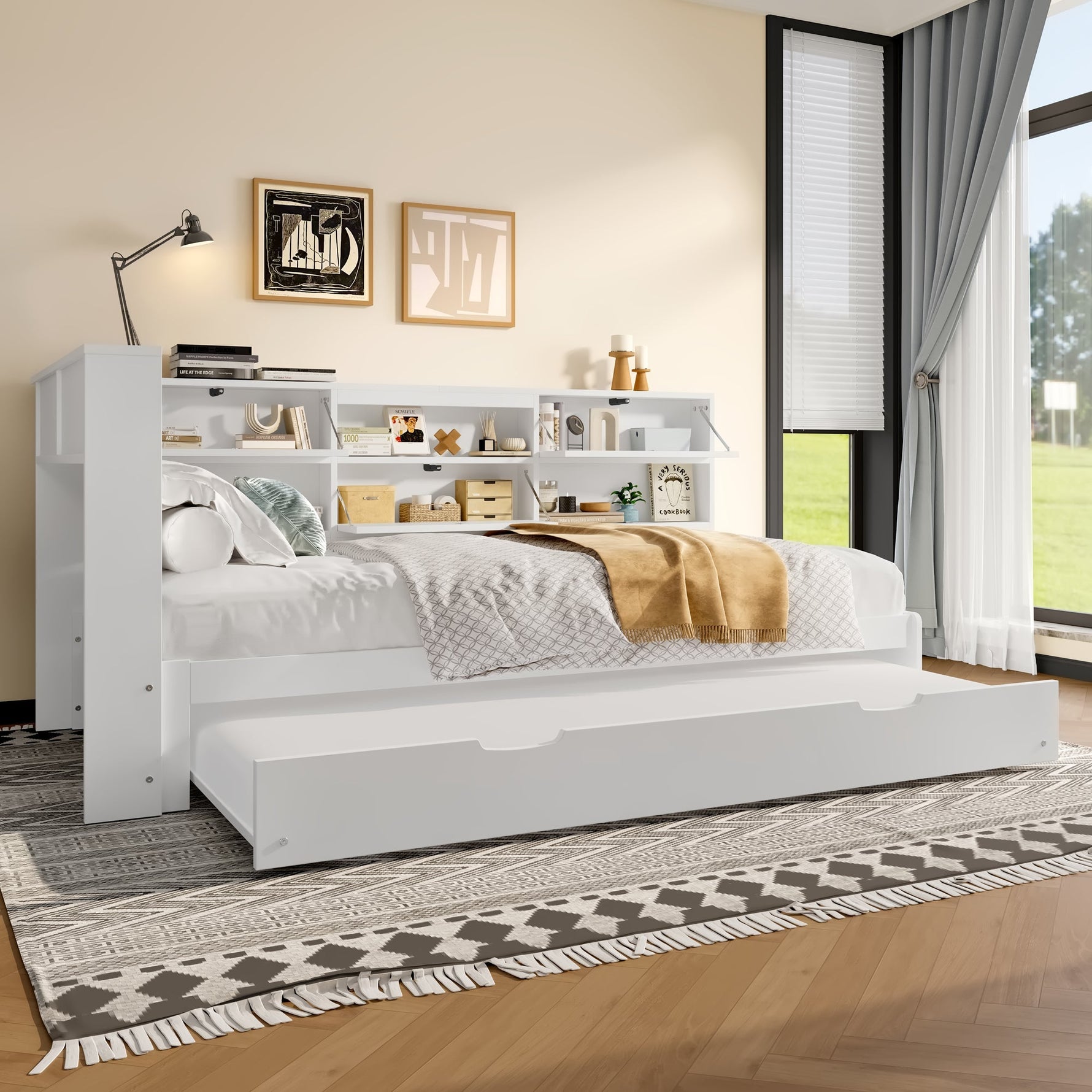 Daybed Sofa Bed with 90x200cm Storage Headboard and Extendable Bed, White