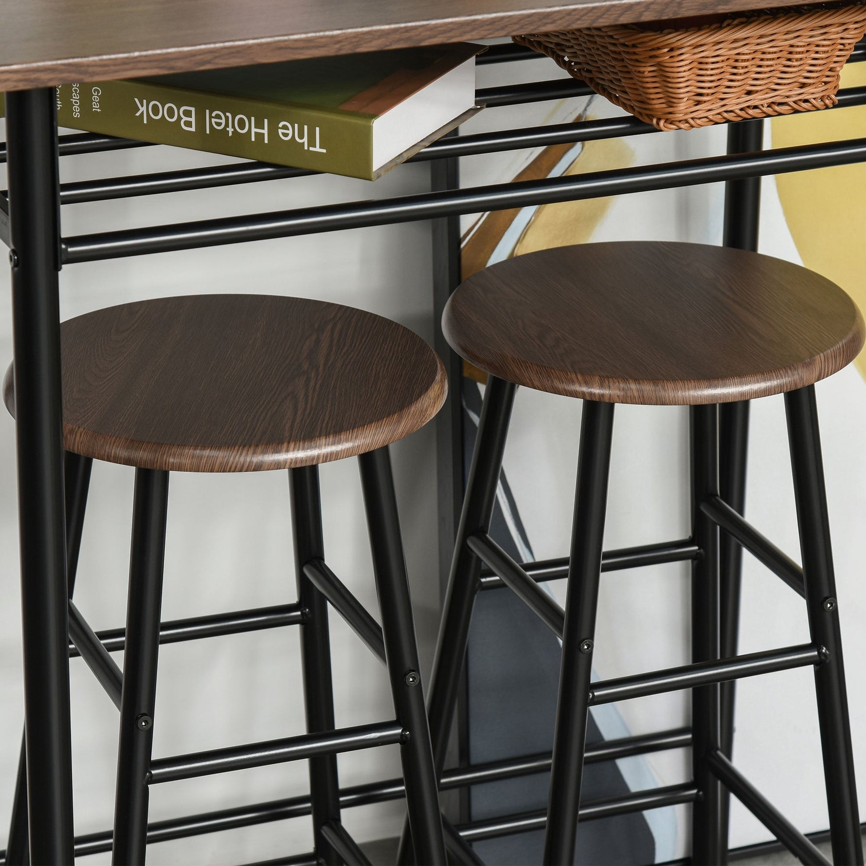 Bar Table Set, 3-Piece Dining Table with 2 Bar Stools, Storage Shelf, Metal Black