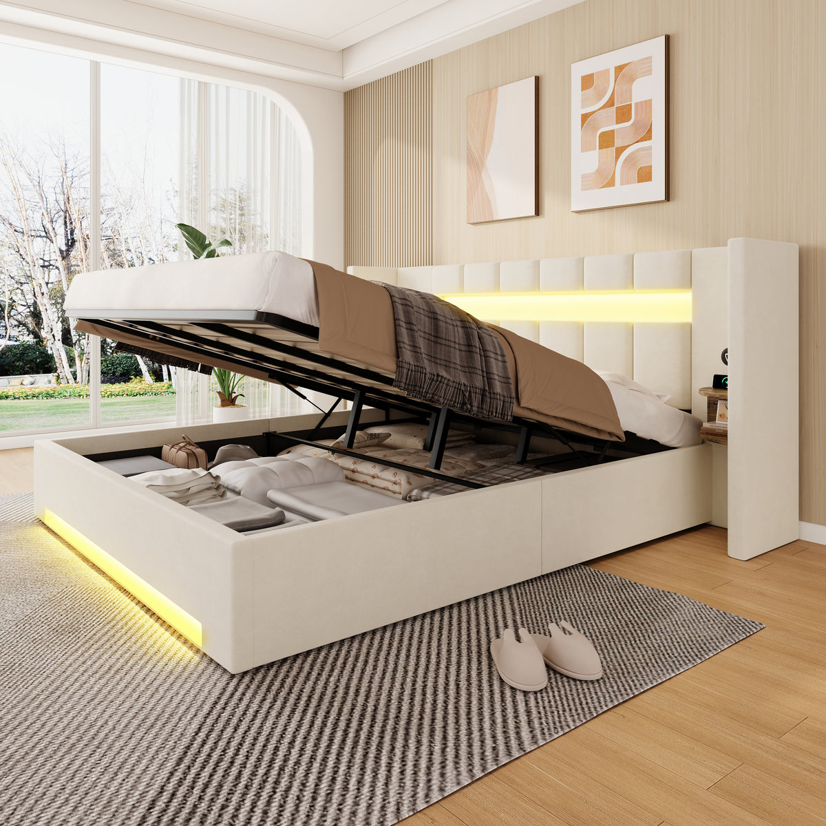 Multifunctional Bed Frame with LED & USB 180x200cm - Velvet